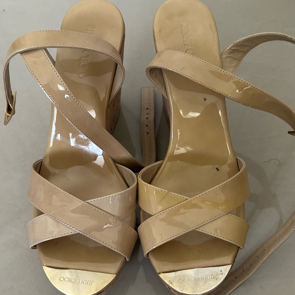 Jimmy Choo Gold Wedge Sandals with Strappy Design